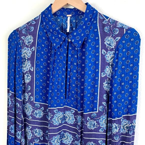 FREE PEOPLE Boho Blue & Purple Floral Tunic Blouse Top - Picture 12 of 16